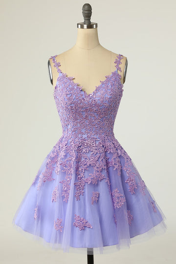 Purple Short V-Neck Fit-and-Flare Cocktail Dress Lace Up Back